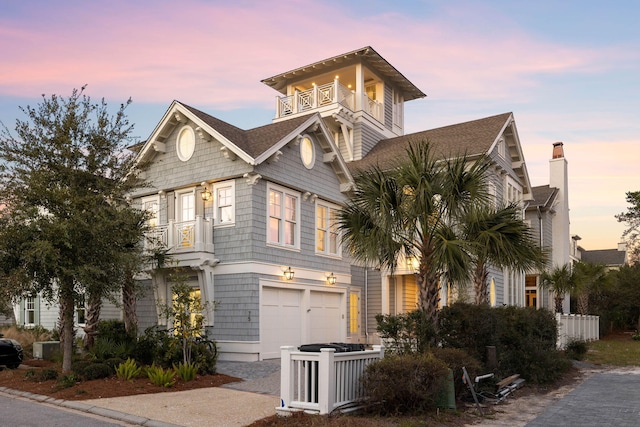 view of front facade featuring a garage and a balcony