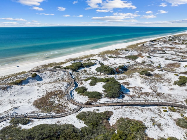 drone / aerial view featuring a water view and a view of the beach