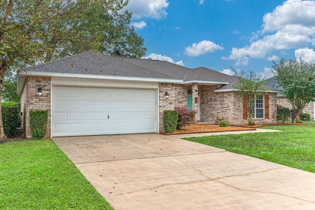 ranch-style house with a garage and a front yard