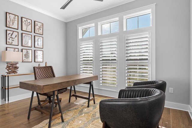 home office with wood-type flooring, a healthy amount of sunlight, crown molding, and ceiling fan