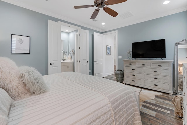 bedroom with dark wood-type flooring, ceiling fan, connected bathroom, and crown molding