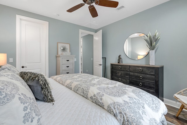 bedroom with ceiling fan and wood-type flooring