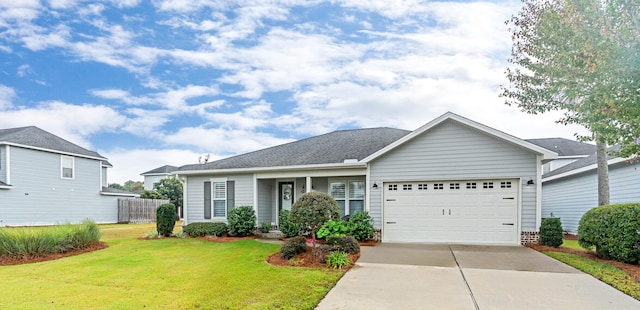 view of front of property with a garage and a front lawn