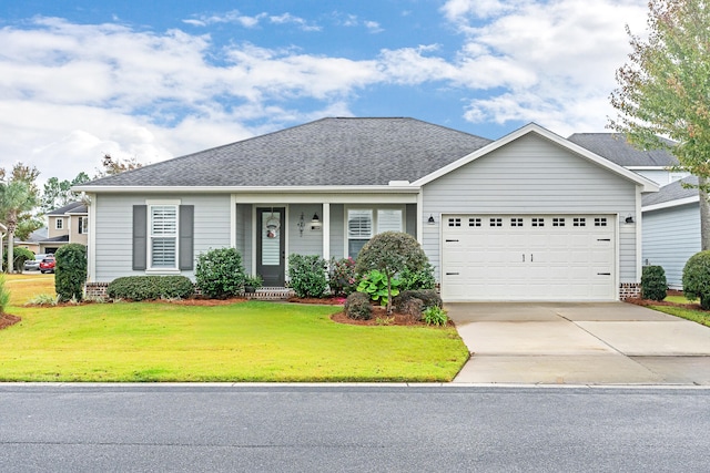 ranch-style house with a garage and a front yard