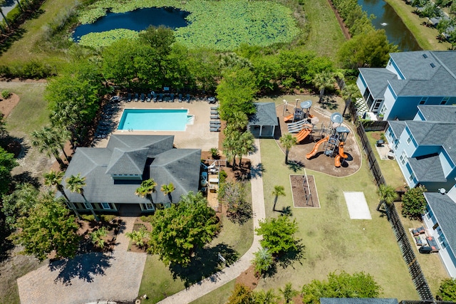 drone / aerial view featuring a water view