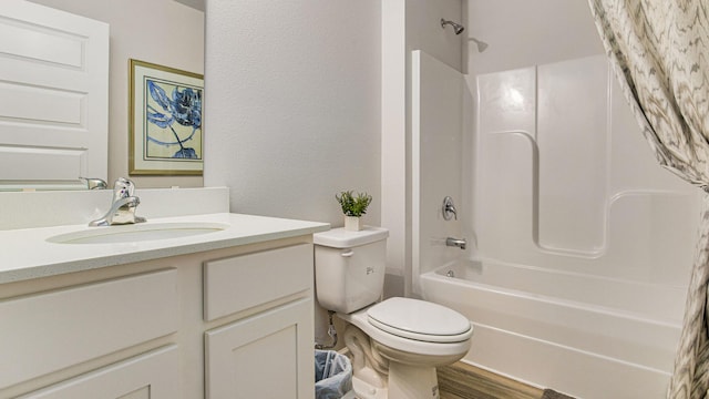 full bathroom with hardwood / wood-style flooring, vanity, toilet, and shower / bathtub combination with curtain