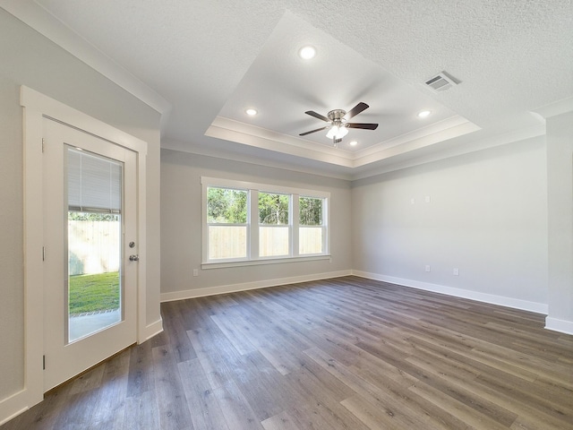 spare room with a raised ceiling, a textured ceiling, dark hardwood / wood-style floors, and plenty of natural light