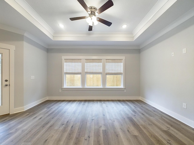 spare room with baseboards, a raised ceiling, and wood finished floors