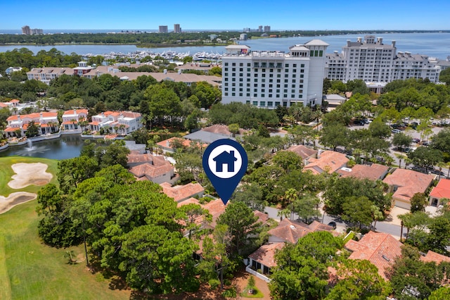 birds eye view of property featuring a water view