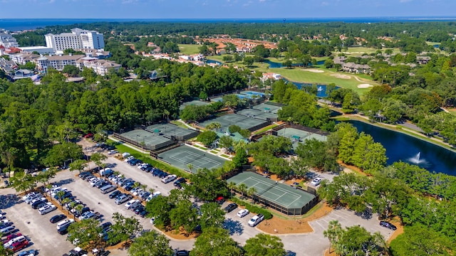 birds eye view of property featuring a water view