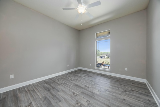 spare room featuring wood-type flooring and ceiling fan