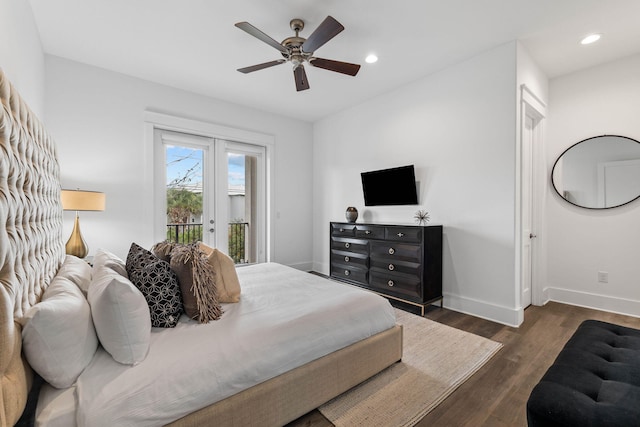 bedroom with access to outside, ceiling fan, french doors, and dark wood-type flooring