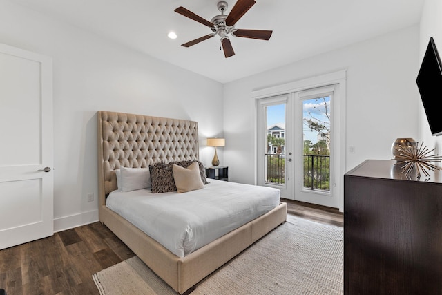 bedroom featuring access to outside, ceiling fan, dark hardwood / wood-style floors, and french doors