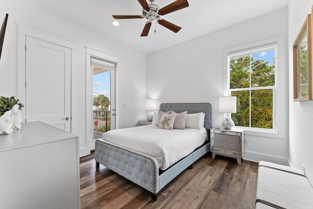 32 Cote Dazur Dr, Santa Rosa Beach, FL 32459 - bedroom featuring access to exterior, multiple windows, dark wood-style flooring, recessed lighting, and a ceiling fan