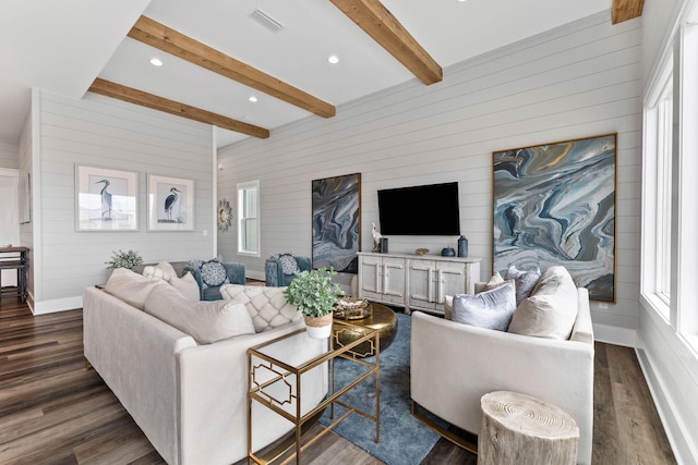 living room featuring beam ceiling, dark hardwood / wood-style floors, and wooden walls