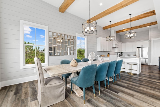 dining area featuring beamed ceiling, a towering ceiling, dark hardwood / wood-style flooring, and wood walls