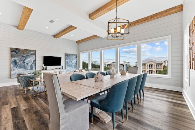 dining room featuring wooden walls, beamed ceiling, a notable chandelier, and dark hardwood / wood-style flooring