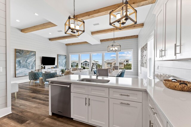 32 Cote Dazur Dr, Santa Rosa Beach, FL 32459 - kitchen featuring a chandelier, dishwasher, light countertops, white cabinets, and beamed ceiling