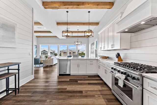 32 Cote Dazur Dr, Santa Rosa Beach, FL 32459 - kitchen featuring appliances with stainless steel finishes, custom exhaust hood, beamed ceiling, white cabinets, and dark wood finished floors