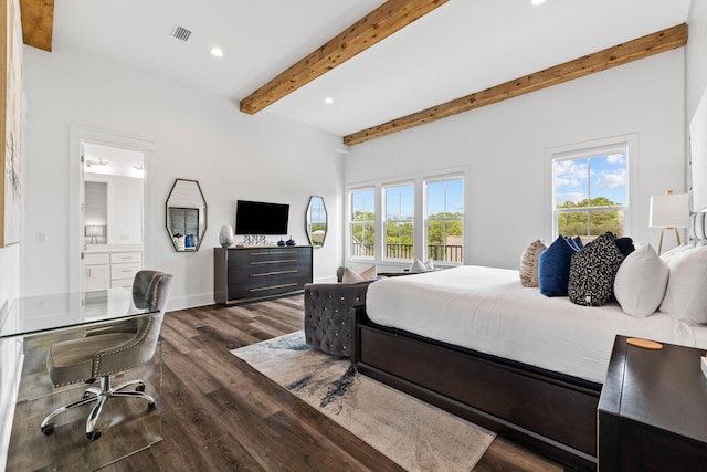 bedroom with beam ceiling, dark hardwood / wood-style floors, multiple windows, and ensuite bathroom