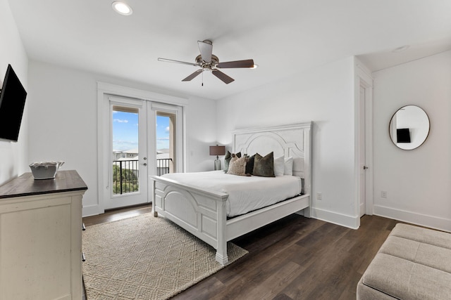 bedroom featuring access to exterior, ceiling fan, dark wood-type flooring, and french doors