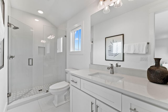 bathroom with tile patterned floors, vanity, lofted ceiling, toilet, and a shower with shower door