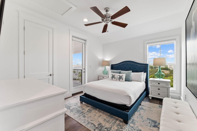 bedroom with access to outside, ceiling fan, and dark hardwood / wood-style floors