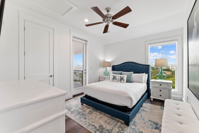 32 Cote Dazur Dr, Santa Rosa Beach, FL 32459 - bedroom featuring access to outside, dark wood-style floors, attic access, recessed lighting, and ceiling fan