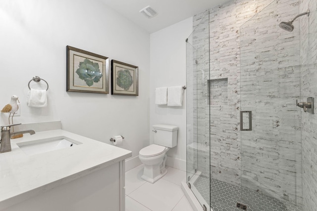 bathroom featuring tile patterned flooring, vanity, toilet, and a shower with door