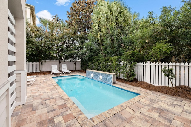 view of pool with pool water feature and a patio