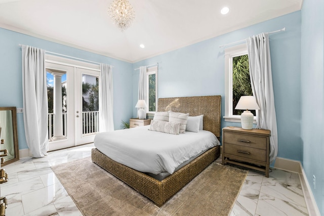 bedroom featuring access to outside, french doors, and ornamental molding