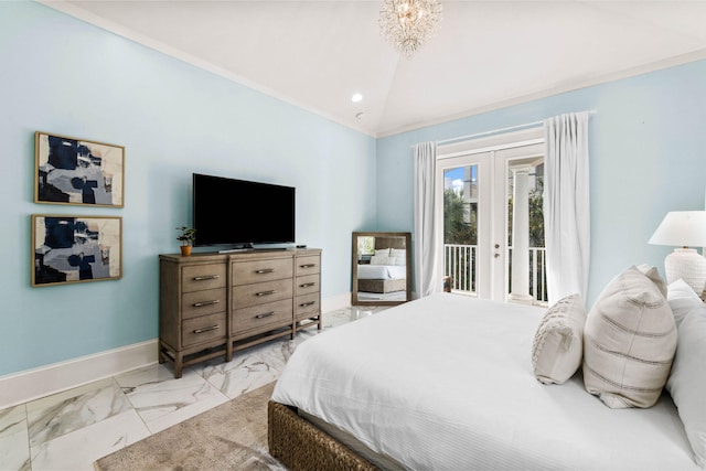 bedroom featuring access to exterior, a chandelier, and vaulted ceiling