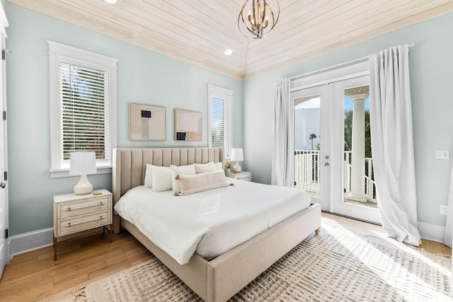 bedroom featuring access to outside, french doors, wooden ceiling, and light hardwood / wood-style floors