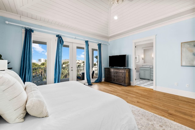 bedroom featuring access to exterior, french doors, light wood-type flooring, wooden ceiling, and connected bathroom