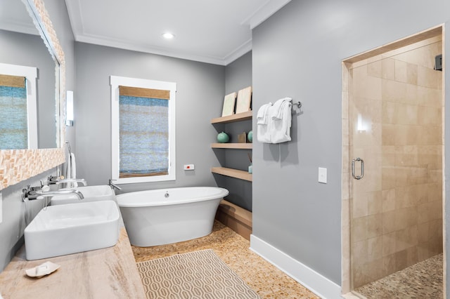 bathroom featuring crown molding and plus walk in shower