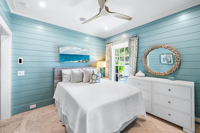 bedroom featuring ceiling fan, light tile patterned floors, ornamental molding, and wooden walls