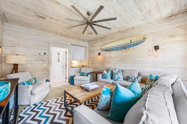 living room featuring wooden walls, ceiling fan, and wood ceiling