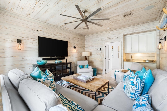 living room featuring wood walls, ceiling fan, and wood ceiling