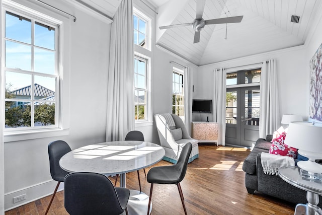 home office featuring dark hardwood / wood-style floors, a wealth of natural light, wooden ceiling, and ceiling fan