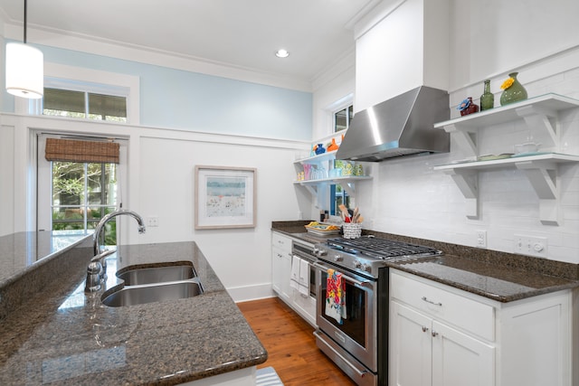 kitchen with pendant lighting, sink, appliances with stainless steel finishes, dark hardwood / wood-style flooring, and white cabinetry