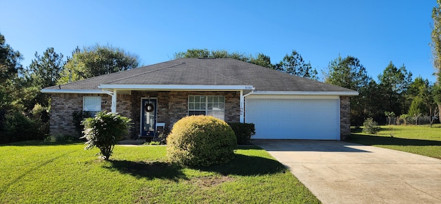 ranch-style house with a front yard and a garage