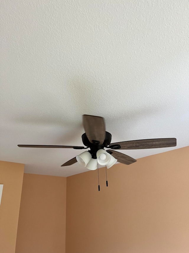 interior details featuring a textured ceiling and ceiling fan
