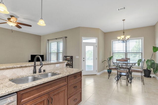 kitchen with plenty of natural light, sink, and pendant lighting