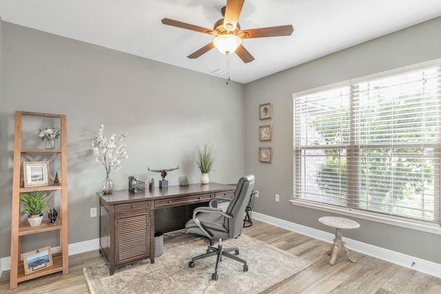 office area featuring light hardwood / wood-style flooring, ceiling fan, and plenty of natural light