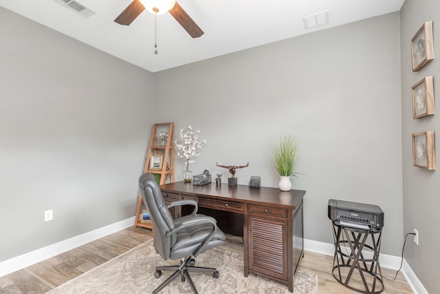 office featuring ceiling fan and light hardwood / wood-style flooring