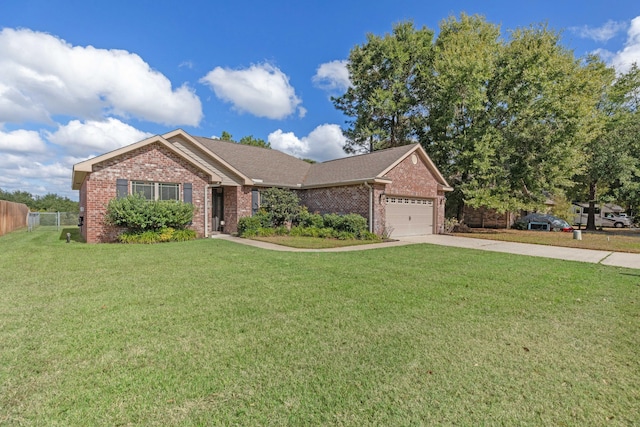 single story home with a garage and a front yard