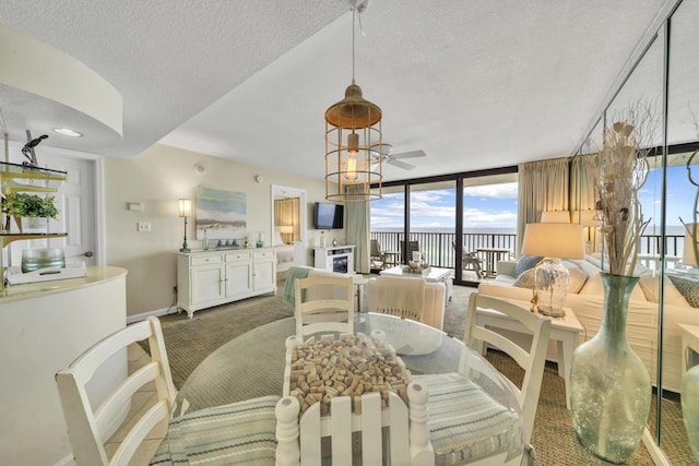 4100 E Co Hwy Unit 30A 1102 # 1102, Santa Rosa Beach, FL 32459 - carpeted dining area featuring healthy amount of natural light, a wall of windows, a textured ceiling, baseboards, and ceiling fan