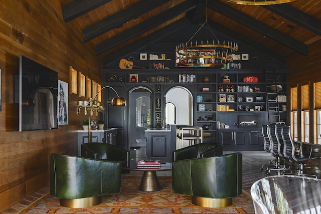 bar featuring wood walls, beamed ceiling, wood ceiling, and high vaulted ceiling