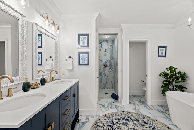 bathroom with vanity, separate shower and tub, and ornamental molding