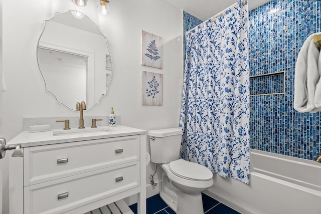 full bathroom with tile patterned flooring, vanity, toilet, and shower / tub combo